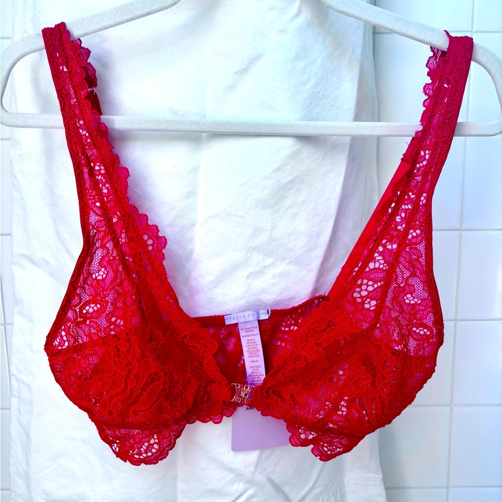 Savage Fenty Red Romantic Corded Lace Front Closure Bralette Medium